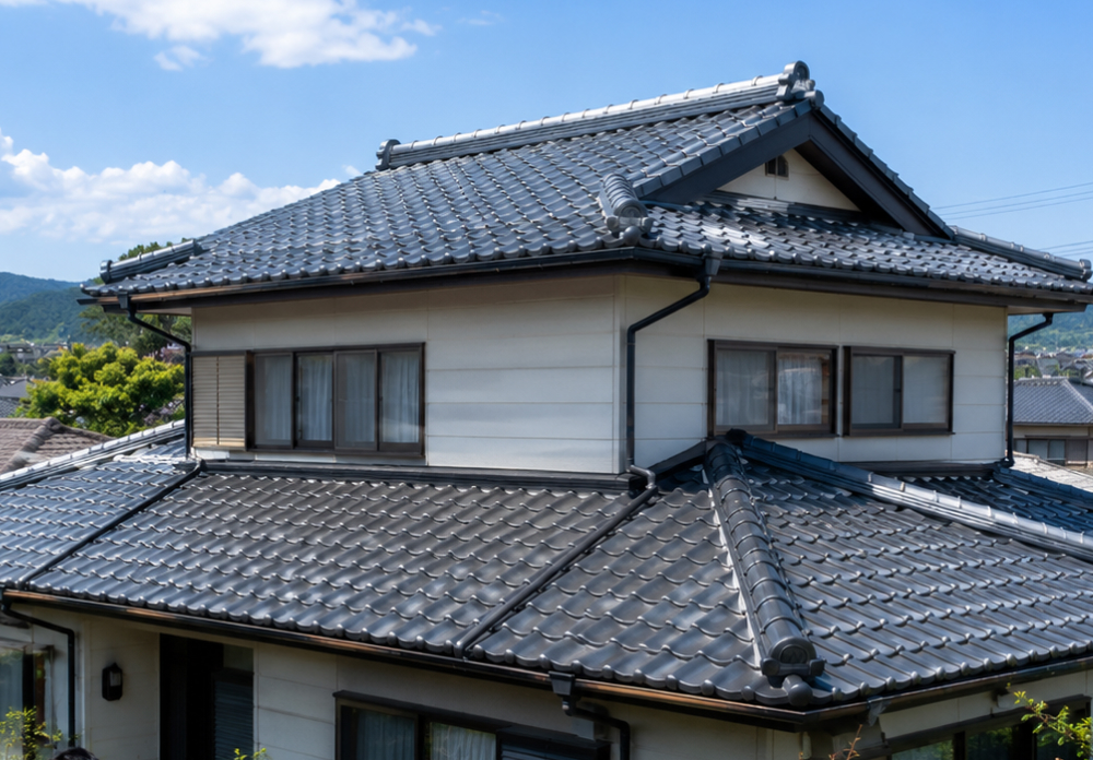 香取市の住宅で屋根工事を行う職人