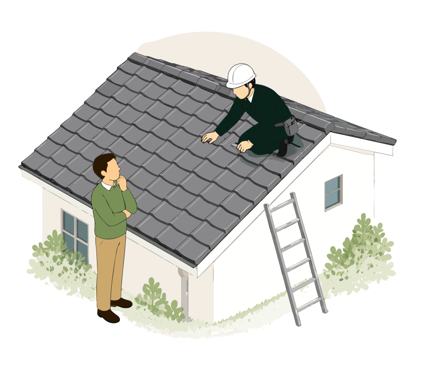 屋根の上で点検する職人と相談するお客様のイラスト